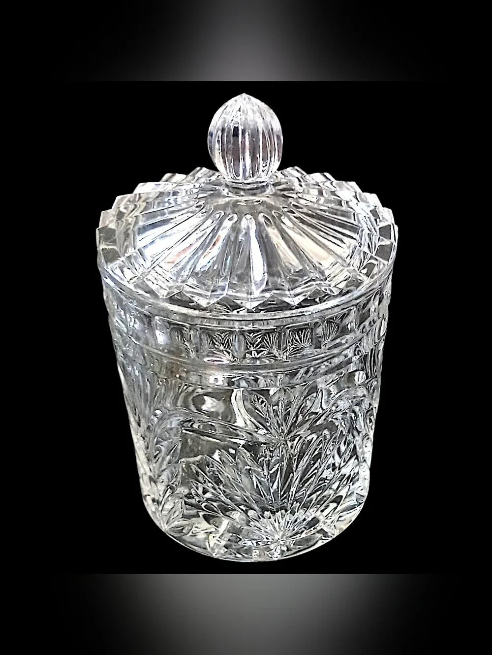 Vintage Crystal Biscuit Jar Candy 6” Lidded Vanity Canister Starburst Glass
